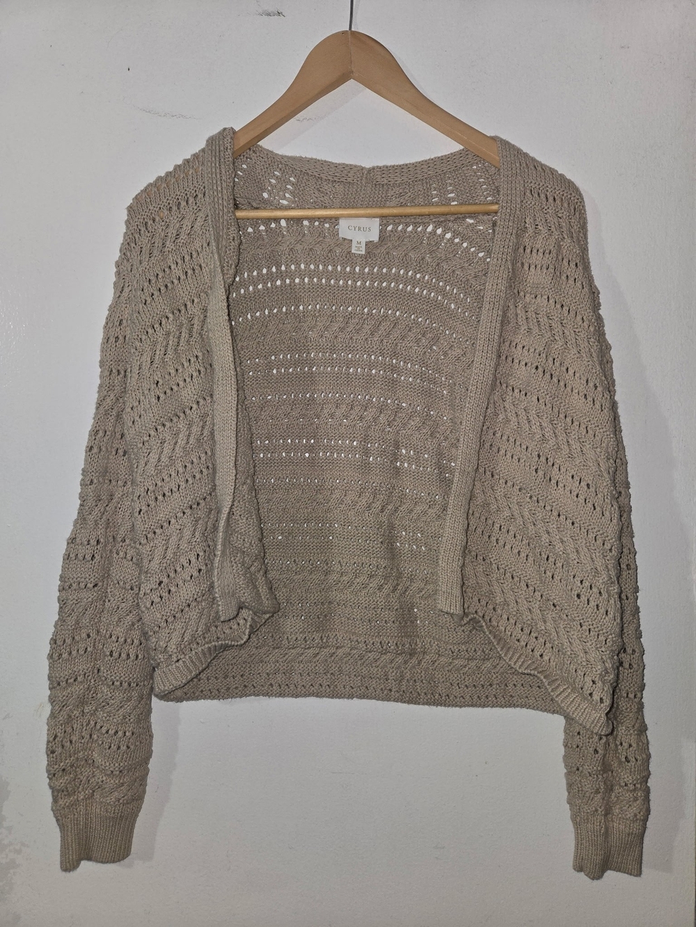 Cyrus Crochet Open-Front Cardigan Sweater in Taupe